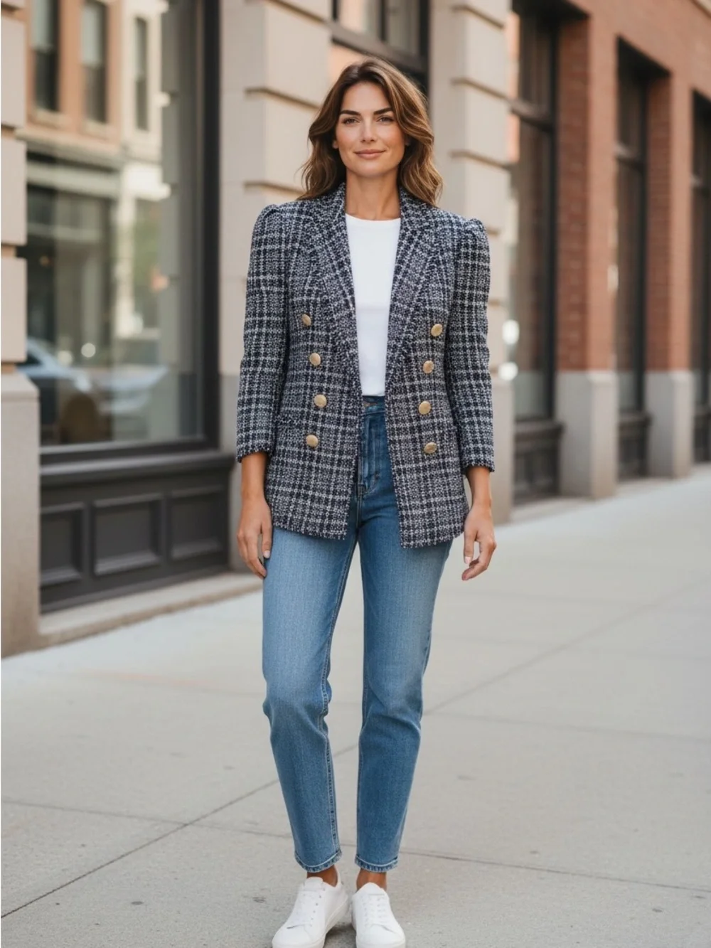 Dkny Black‎ and White Plaid Double-Breasted Open Blazer